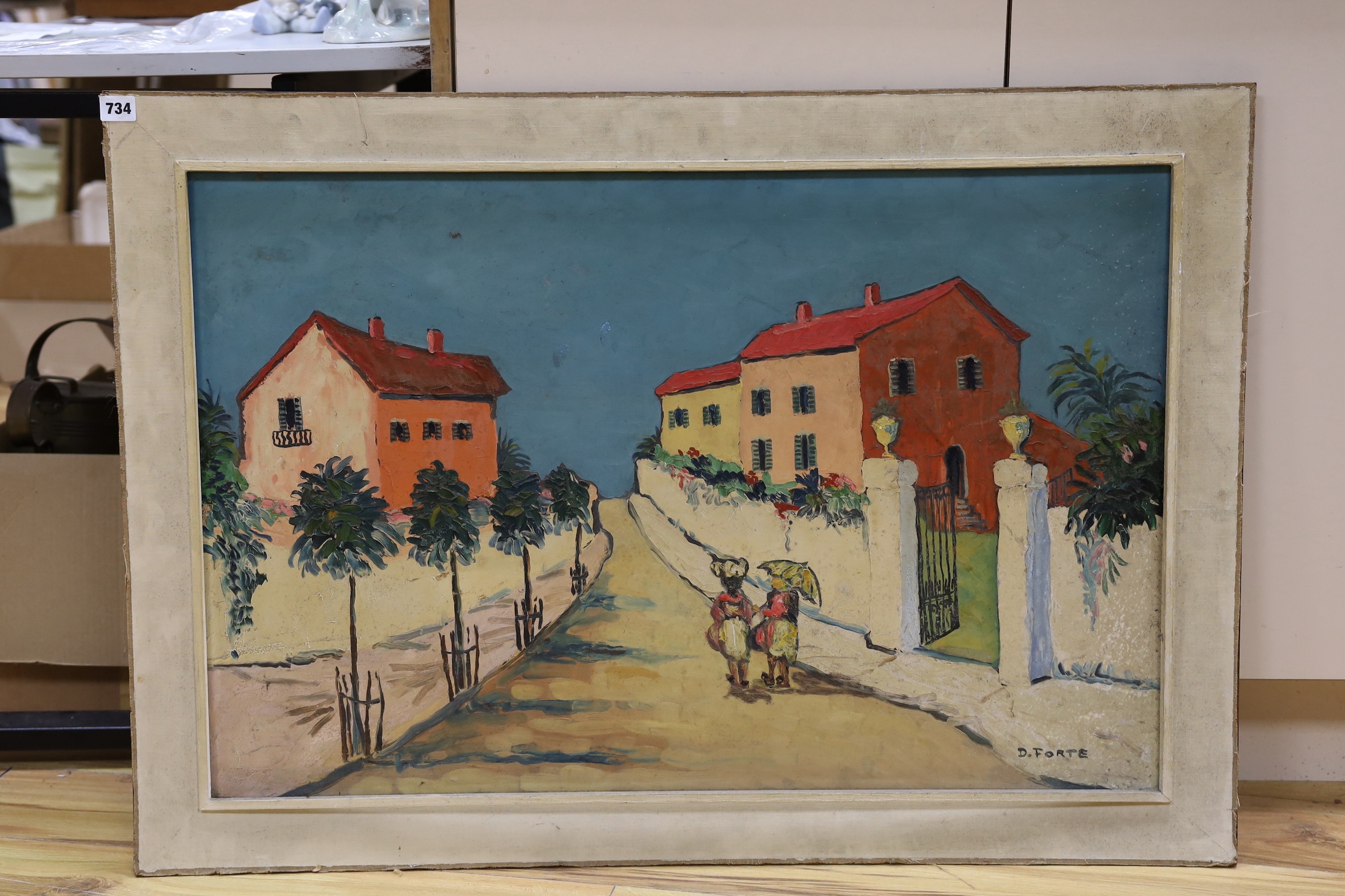 D. Forte, oil on board, Jamaican street scene, signed, 58 x 89cm